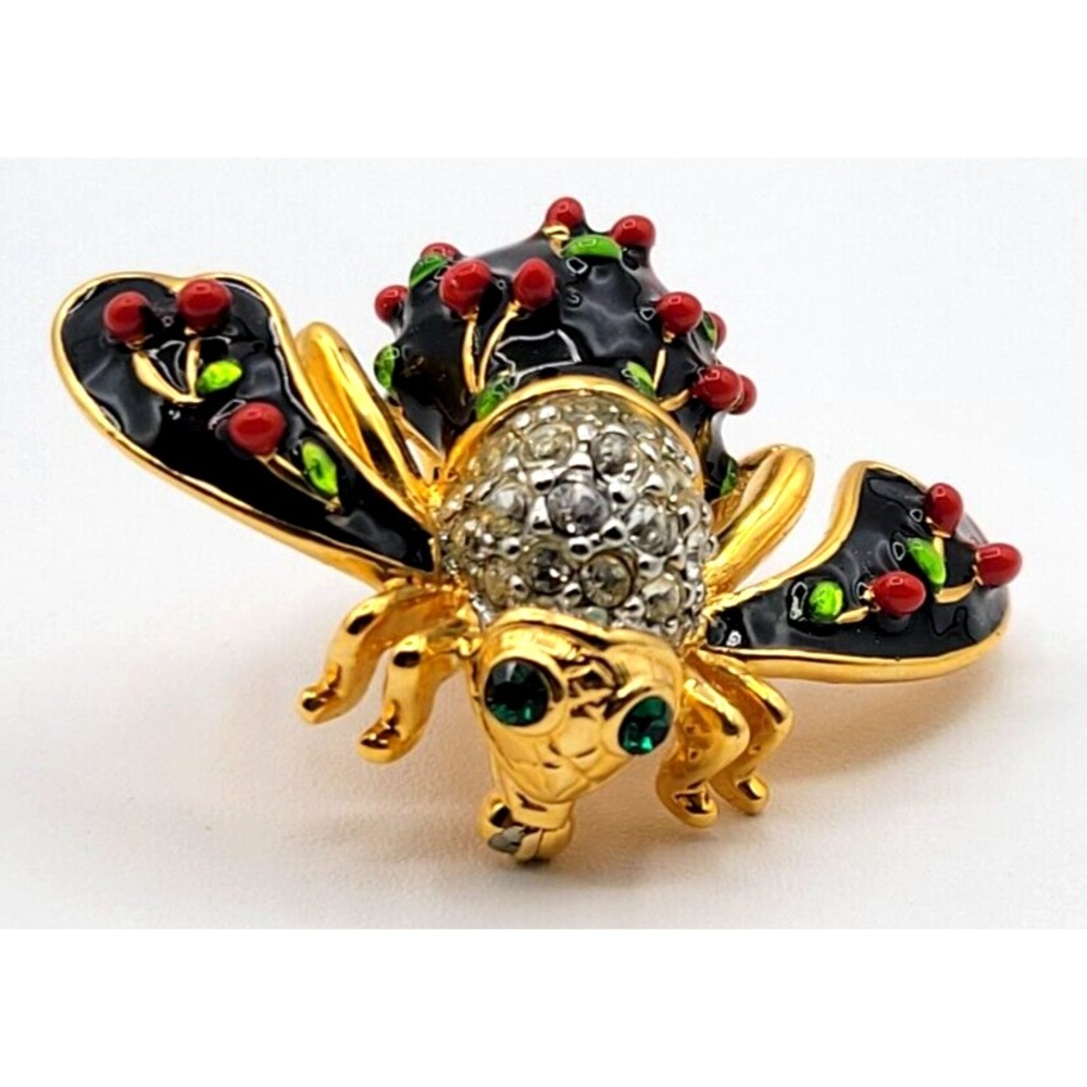 JOAN RIVERS BLACK ENAMEL BEE BROOCH PIN RED CHERRIES SIGNED VINTAGE‎
